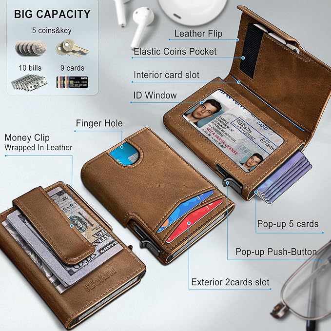 miyozi Men Wallet,with Money Clip Coins Pocket ID Window,Slim Front Pocket RFID Blocking Pop-up Card Holder 3.9"x 2.7", Gift Boxed
