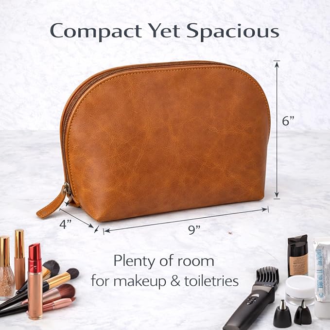 Genuine Leather Toiletry Bag for Men & Women, Leather Makeup Bag, Travel Dopp Kit Organizer with YKK Zipper, Handmade Cosmetics Case for Toiletries & Makeup (9 x 6 x 4 Inch) Tan