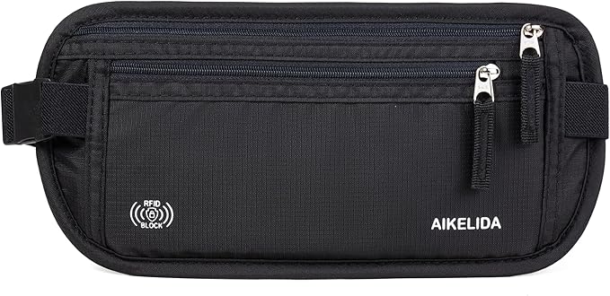 RFID Blocking Money Belt - Passport Holder & Travel Wallet, Slim Hidden Fanny Packs for Women Men - Black