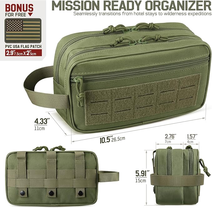 RXW EDC Toiletry Bag for Men, Tactical Dopp Kit, Molle Pouches Compact Travel Organizer for Shaving Shower, Hygiene, Grooming (Includes Dry/Wet Compartment & US Flag Patch)