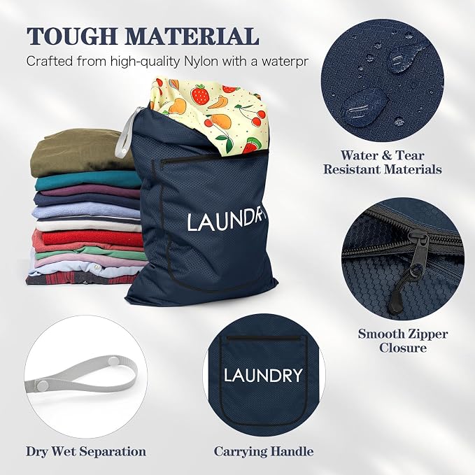 Weesiber 2 Pack Laundry Bags - Foldable Travel Dirty Clothes Organizer with Zipper, Washable Wet Dry Bag for Gym, Swimming, Yoga, and Workout Bathing Suits (Navy Blue, Small+ Large)