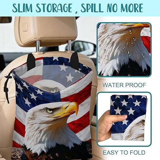 Car Trash Bag American Flag and Eagle Leak-Proof Car Garbage Bag with Drawstring Foldable Canvas Trash Bin with Adjustable Buckle for Car Accessories, Travelling, Camping