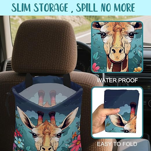 Car Garbage Bag Giraffe and Colorful Flowers Drawstring Car Trash Bag Hanging for Back Seat with Adjustable Buckle Canvas Vehicle Trash Can Easy-to-Install