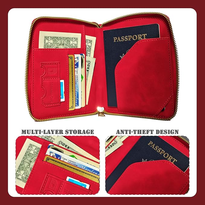 Passport Holder with Tether and Carabiner Clip to Prevent Loss and Theft, Rfid Passport Holder for Travel, Passport Cover, Wallet & Case for Men and Women (Red - Tether and Carabiner)