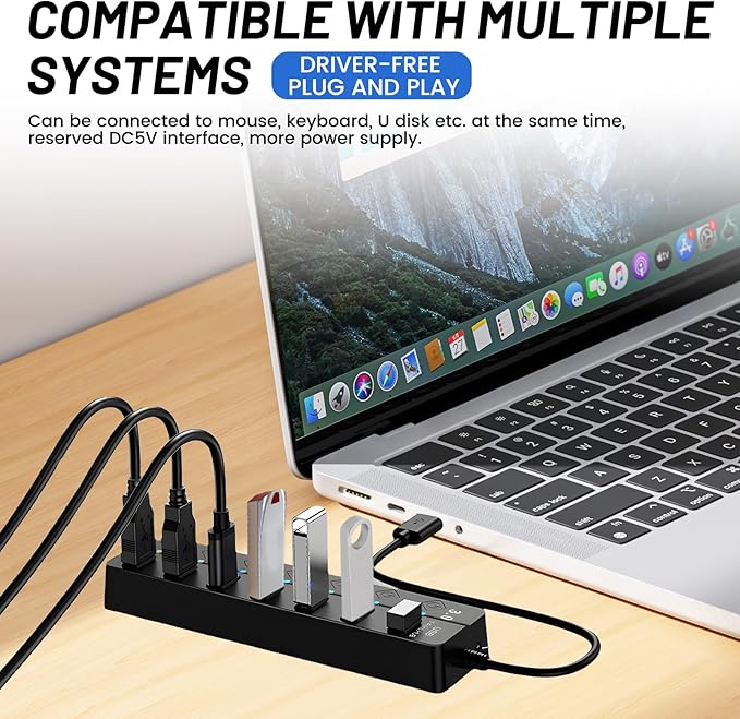 7-Port USB 3.0 Hub with Individual On/Off Switches, 5Gbps Data Transfer USB Splitter for Laptop, PC, Desktop, MacBook, Keyboard, Mouse, Flash Drive, Printer