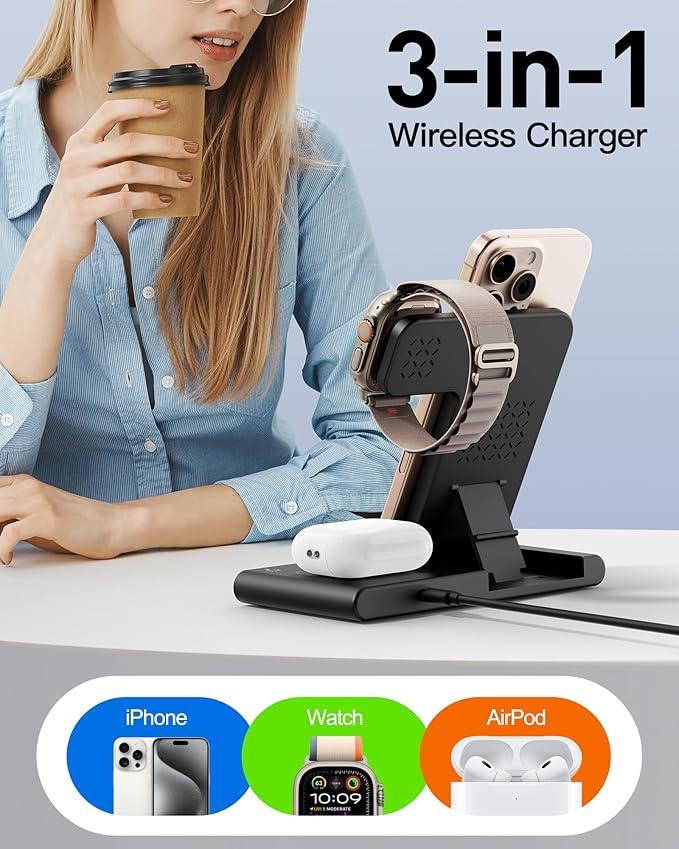 RYND 2026 Travel Portable Wireless Fast Charger for Apple & Android Charging Station,3 in 1 Charging for iPhone17 16 15 14 13 12,Apple Watch Series & Air pods 4 3 2 Pro,Samsung Galaxy