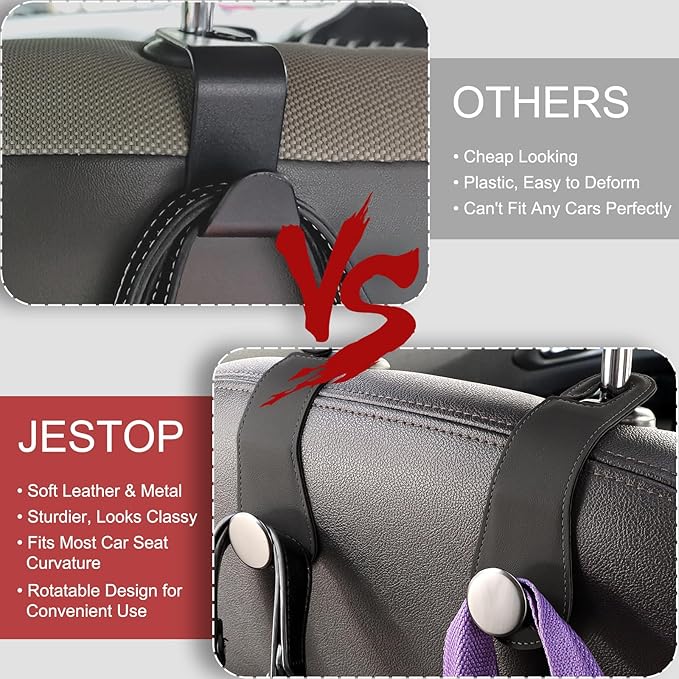 JESTOP Leather Car Seat Storage Hanger, 2 Pack, Stylish Seat Organizer Hooks for Purses, Bags, Coats, Umbrellas, Black