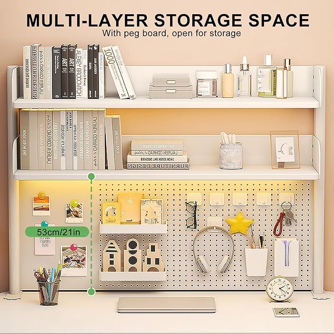 Desktop Bookshelf, Desk Extender Pegboard Workstation, 2 Tier Small Desk Extension Shelving Unit, Multipurpose Desktop Hutch Storage Organizer for Dorm Office Home(White,80x20x95cm/30x8x37in)