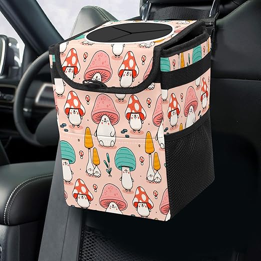 Car Trash Can Cute Mushroom Wate-rproof Auto Garbage Bag Car Trash Can with Lid Leak-Proof Car Storage Bag Hanging for Headrest Collapsible and Portable with Storage Mesh Pocket