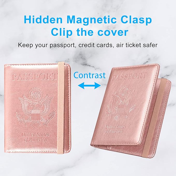 ACdream Passport Holder Cover, Leather Travel Wallet Case, RFID Blocking Document Organizer Protecrtor, with Slots for Credit Cards, Boarding Pass, for Women and Men, Rose Gold