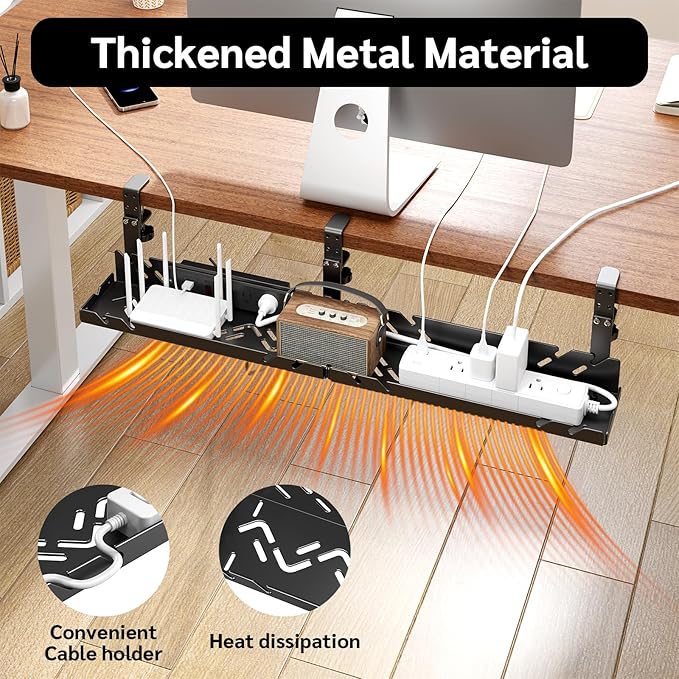 Extended Metal Under Desk Cable Management Tray with Power Outlet, No-Drill Wire Organizer with Clamp, Cord Storage Raceway for Desk Cable Management for Office Home (Black)