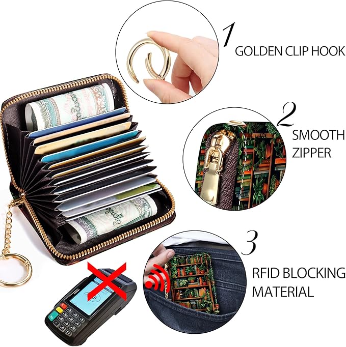 Credit Card Holder RFID Wallet, Small Card Holder Wallet for Women with Keychain Zipper, Funny Leather Print Credit Card Wallets Accordion Gift