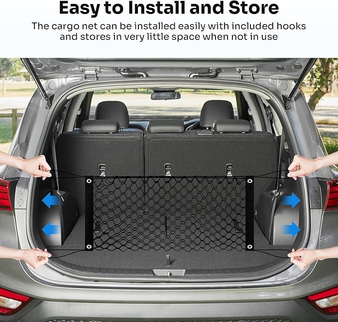 Canvcle Trunk Cargo Net for 2013-2025 2026 Hyun-dai Santa Fe Accessories Envelope Style Mesh Trunk Net Organizer and Storage Stretchable Adjustable Elastic Nylon Rear Cargo Netting with Hooks