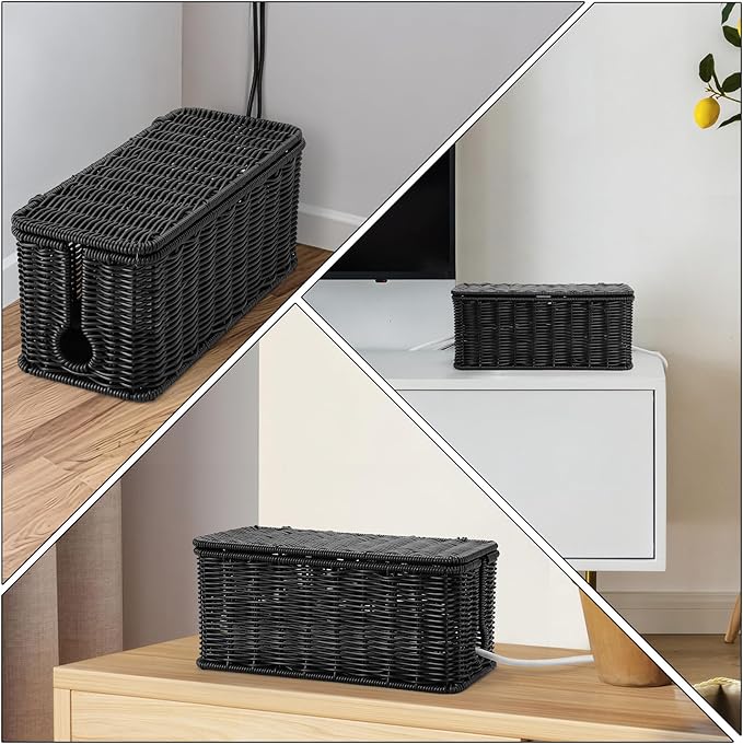 ZhiYo Rattan Cable Management Box, Black Desk Cord Organizer, 2 Pack (M&L) | Handwoven black imitation rattan cord hider box conceals power strips and cables for a clean desk or floor setup