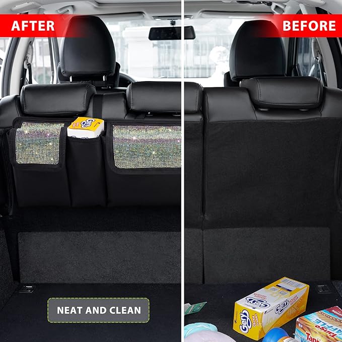 eing Car Trunk Organizer and Storage, Backseat Hanging Organizer for SUV, Truck, MPV, Waterproof, Collapsible Cargo Storage Bag with 5 Pockets, Bling Car Interior Accessories for Women,Multicolor