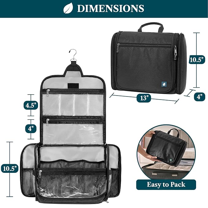 PAVILIA Large Hanging Toiletry Bag for Women Men, Travel Cosmetic Organizer with 10 Compartments, Swivel Hook and 3 Leakproof Pockets, Water Resistant Makeup Case, Packs Flat, Black