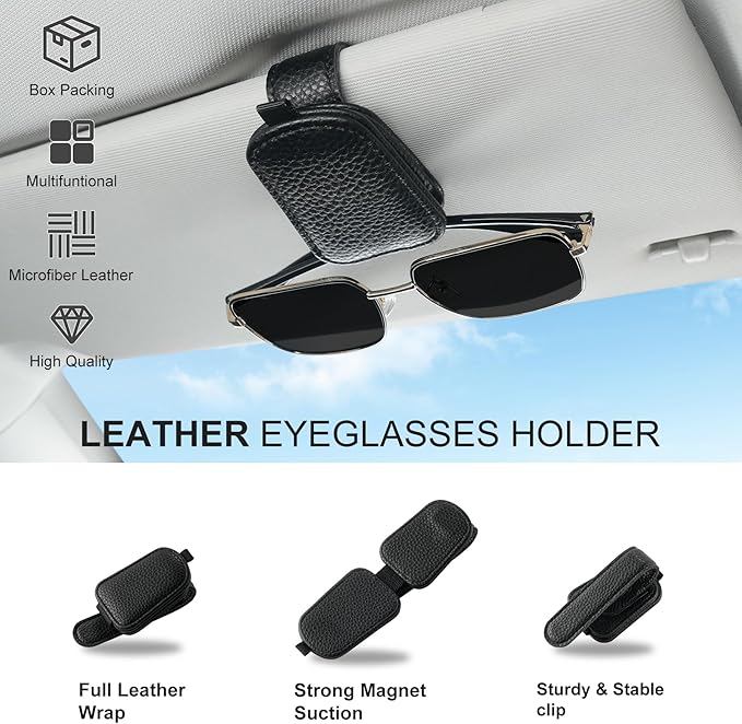 SINGARO Sunglasses Holder for Car, Leather Magnetic Buckle Sun Visor Sunglass Clip, Ticket Card Storage Glasses Clip, Car Interior Accessories for Men and Women（Black）