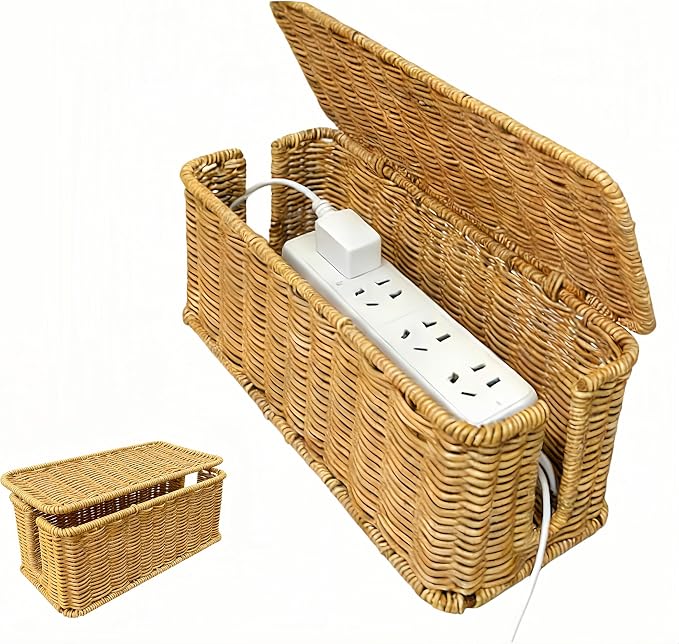 Rattan Woven Cable Management Box, 12.4"x5.1"x5.1" Farmhouse Style Power Strip Organizer, TV Stand Desk Cord Storage Box, Desktop Wire Organizer, PP and Iron Frame, Natural Color (Light)