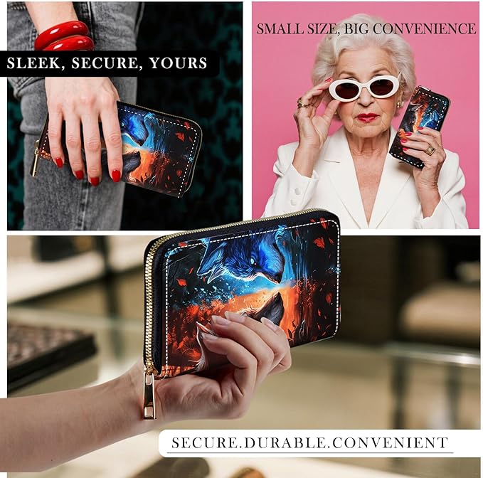 RFID-Blocking Zip Around Wallets for Women with Detachable Wrist Strap,Large Capacity Phone Holder with Card Organizer & Coin Pocket,Cool Wolf