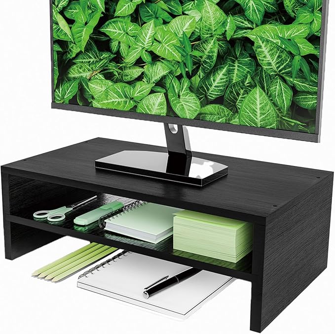 Simpple Trending Monitor Stand Riser, 2 Tier Wood Office Desk Storage Organizer for Laptop, Computer, Black