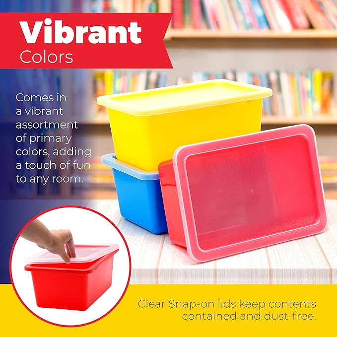 4E's Novelty Plastic Storage Bins with Lids, 5 Qt, 3 Pack, Colorful Plastic Cubby Storage Bins, Stackable Organizer Cubbies for Classroom Organization and Storage or Home (11.4" x 7.75" x 5")