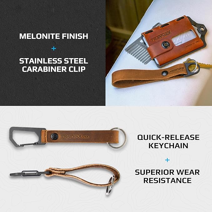Trayvax Keyton Leather Keychain, Quick Release Carabiner Clip Key Chain for Men and Women, Stainless Steel