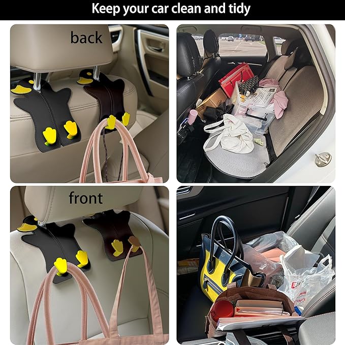 Leather Car Seat Back Hooks - Double Hook Headrest Hanger for Purse, Bags, Groceries & Phone Holder - Universal Fit for Car, SUV, Truck - Heavy Duty Metal & Premium Leather Organizer