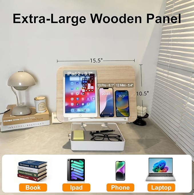 Book Stand with Storage Drawer, Heavy-Duty Adjustable Wooden Reading Stand for Desk, Ergonomic Height & Angle Book Holder for Textbooks, Cookbooks (White Ash Finish, 10.5" x 15.5" XL Panel)