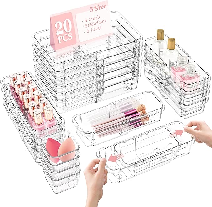 DILIBRA 20 Pcs Clear Extendable Drawer Organizer, Adjustable Drawer Storage 3-Size Desk Drawer Organizer, Plastic Non-Slip Storage Bins for Makeup Cosmetic Jewelries Utensils Stationery Dressers Tool