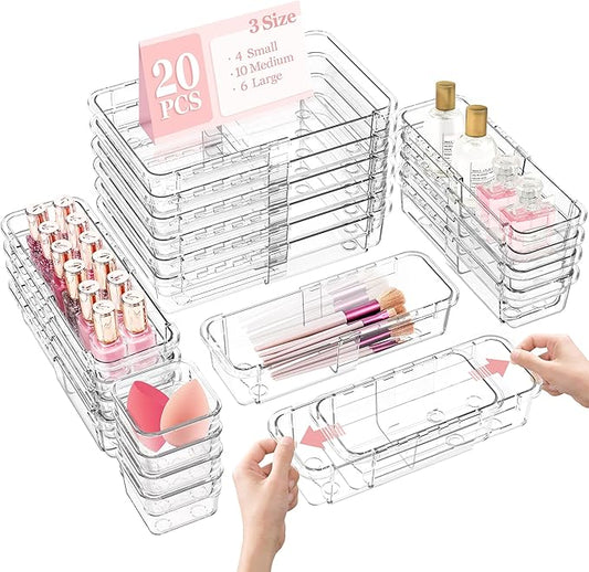 DILIBRA 20 Pcs Clear Extendable Drawer Organizer, Adjustable Drawer Storage 3-Size Desk Drawer Organizer, Plastic Non-Slip Storage Bins for Makeup Cosmetic Jewelries Utensils Stationery Dressers Tool