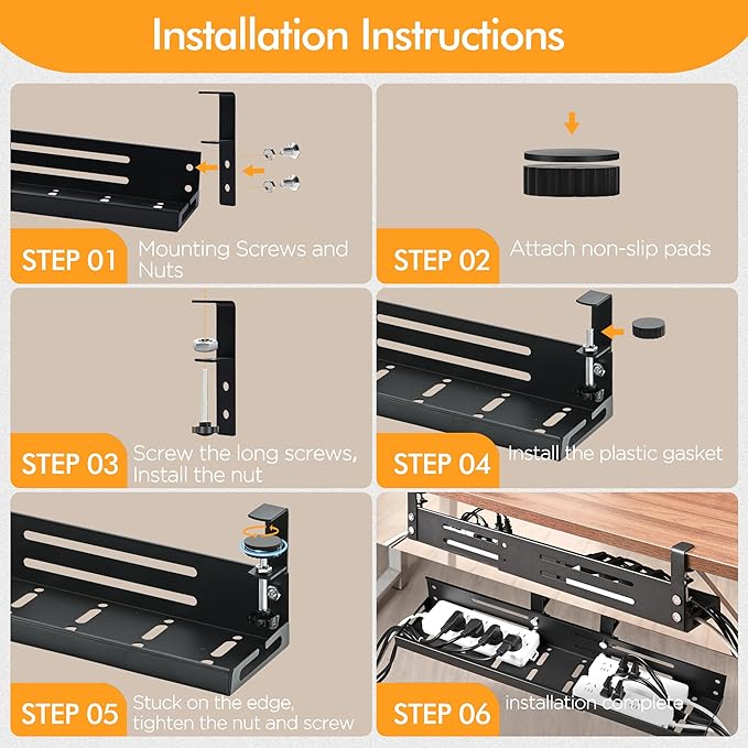No Drill Under Desk Cable Management Tray, 17"-30" Retractable Long Cable Tray with Clamp Mount, Metal Cord Organizer, Support 50 lbs+, Wire Management Basket for Home Office, Black