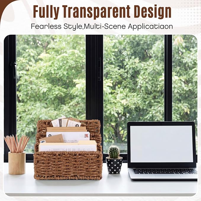 Paper Rattan Mail Organizer for Desk Mail Holder Countertop with 3 Slot Paper Rattan Letter Sorter File Holder Envelope Book Stand Farmhouse Office Desk Organizer and Storage Accessories