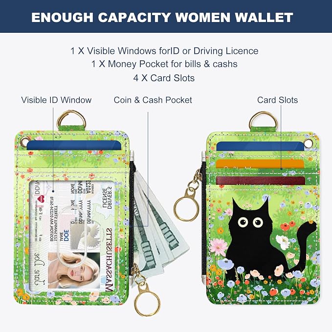 Slim Wallet Credit Card Holder, Cat on the Green Grass, RFID Wallet Women Cute Small Front Pocket Wallet With Zipper, PU Leather Thin travel RFID Blocking Card Case ID Window,Ladies Gifts