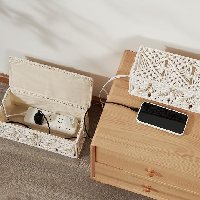 Cable Management Box Handmade Macrame Cord Storage Organizer Power Strips Outlet Router Adapter TV Wire Hider Cover Under Desk Natural Cotton Rope Woven Boxes with Lid (Off White, Large)