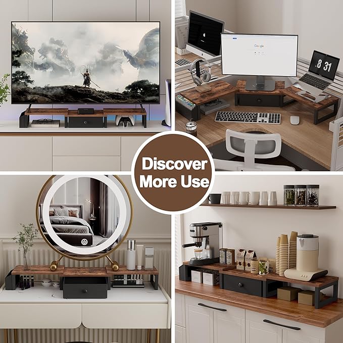LAND·VOI Heavy Duty Dual Monitor Stand, Holds 2 Screens Up to 27 Inches, Adjustable Length and Angle Monitor Riser, Desk Organizer with Side Pockets and Drawers, Home Office Desk Storage, Rustic Brown
