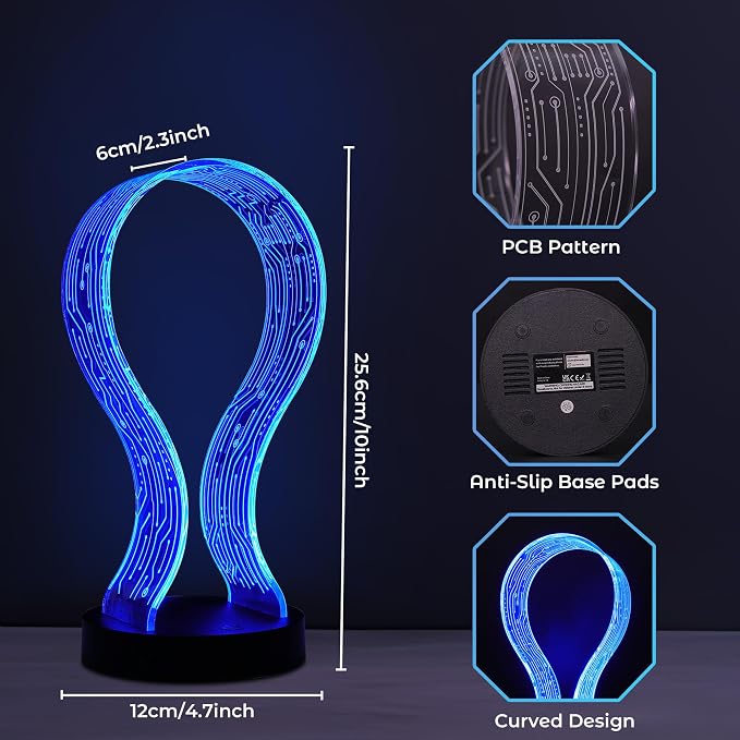 Lampeez Light Up Headphone Stand, Acrylic Desk Accessory Headset Holder with PCB Pattern and 16 Color LED Lights, 1 USB and 1 Type-C Charging Ports, for Gamers Music Lovers Boys Men