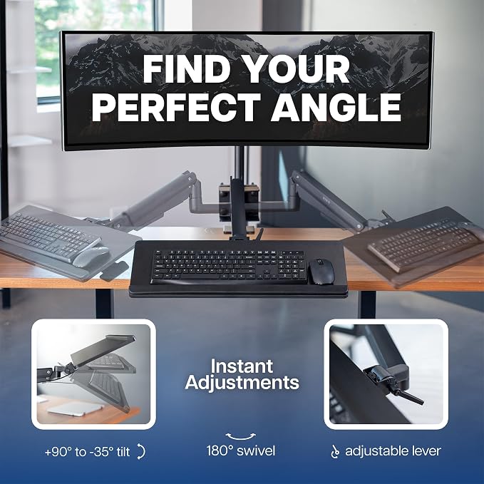 VIVO Sit-Stand 24 Inch Pneumatic Universal Pole Mounted Keyboard and Mouse Tray, Full Motion, Height Adjustable Typing Platform, Ergonomic Tilt, Black, MOUNT-KB35C-P