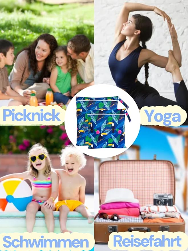 Wet Dry Bag for Cloth Diapers, 2PCS Waterproof Reusable Wet Bag with Zippered Pockets, Washable, Reusable for Travel, Beach, Pool, Stroller, Diapers, Dirty Gym Clothes, Swimsuits, 14x12In & 12x11In