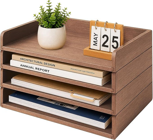 PROLEE 4 Pack Stackable Paper Tray, Wooden Paper Tray Organizer with Letter Tray, Paper Holder for Desk, Desktop File Storage Rack for Study, Home and Office (Walnut)