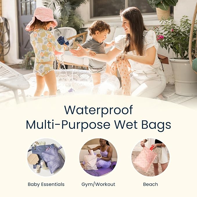 Tiny Twinkle Mess Proof Wet Bags | 2-Pack Reusable Waterproof Wet Bags for Swimsuits | Baby Clothes | Travel & Diaper Bag (Pink Palm, Peacock)