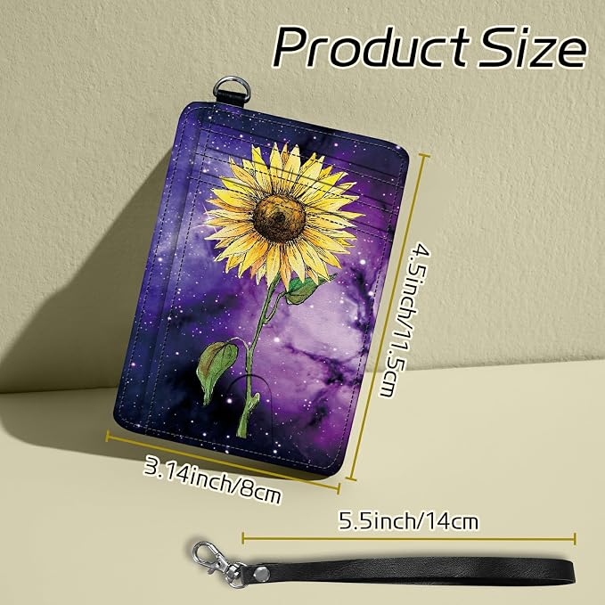 Small Travel Wallets, Sunflower Yellow Purple Galaxy Slim Minimalist Front Pocket Wallet with Wristlet, RFID Blocking PU Leather Credit Card Holder with ID Window Change Purse for Men Women
