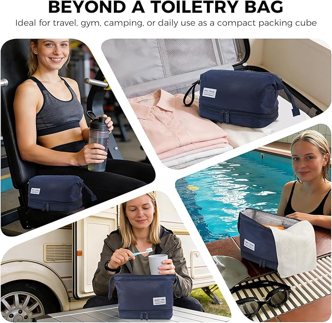 SINLAND Travel Toiletry Bag Water-resistant with Hanging Hook for Womens Large Packing with Waterproof Wet/Dry Compartment Travel Shower Bags Travel Toiletry Organizer Dopp Kit Shaving Bag