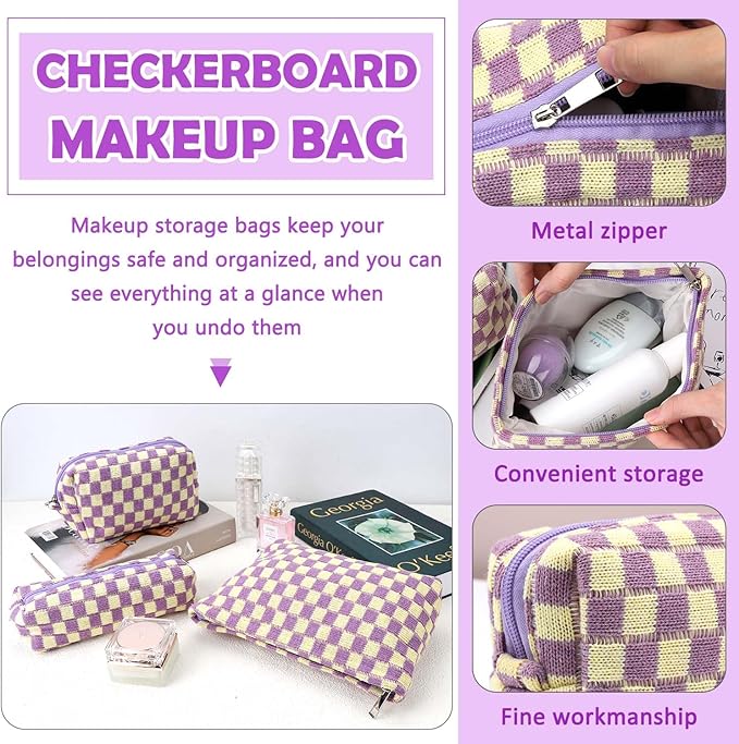 3 Pcs Makeup Bag Checkered Cosmetic Bag Large Capacity Traveling Toiletry Pounch Organizer Cute Makeup Brushes Aesthetic Accessories Storage Bag for Girls Women (Purple-White)