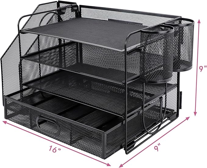 Desk Organizers and Accessories with File Holder, 4-Tier Paper Letter Tray Organiser with Drawer and 2 Pen Holder, Mesh Desktop Document Organizer for Office Supplies, Workspace - Black