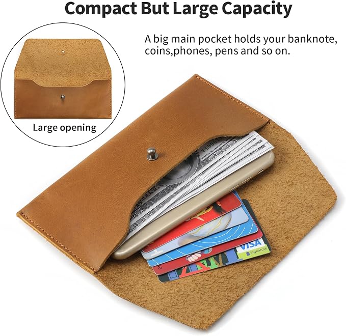 Ringsun Genuine Leather Cash Envelopes, Reusable Budget Envelope, Retro Clutch for Men & Women, Minimalist Wallet, Bourbon Brown
