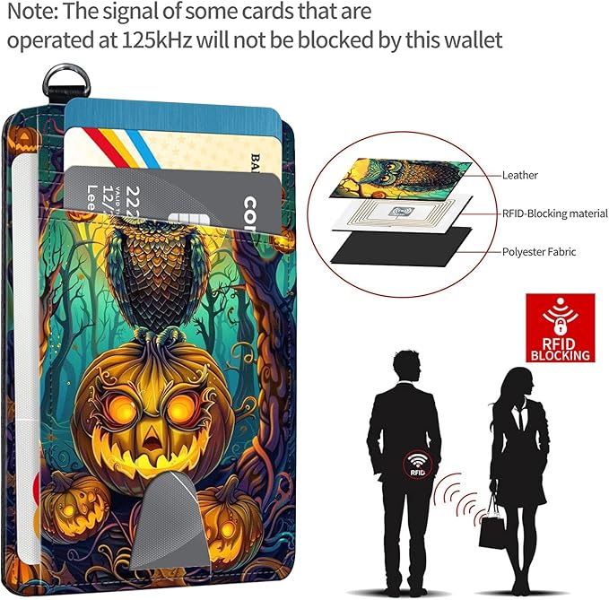Slim RFID Blocking Card Holder Wallet with Wrist Strap - Minimalist Front Pocket Wallet, Halloween Owl Design, PU Leathe, for Men & Women, Ideal for Travel & Gifts
