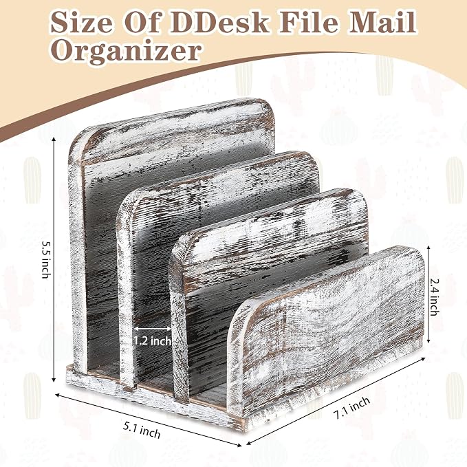 Briwooody Wooden Mail Organizer 3 Slots Mail Holder for Desk Wood File Paper Letter Holder for Letter Envelope Filing Cell Phone Document Storage, Organizer Tray for Office and Home(Old White)