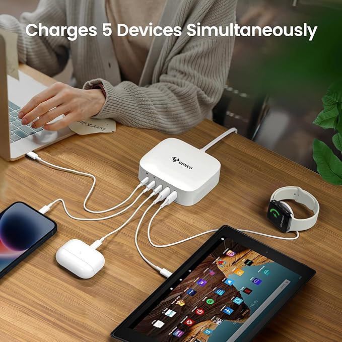 USB C Fast Charging Hub (67W), 5 Port Charger for Multiple Devices, USB Hub Charger Station, Wall Charger Power Strip Adapter Plug for iPad iPhone Galaxy, 5FT Cord, Ideal for Travel Office Desktop