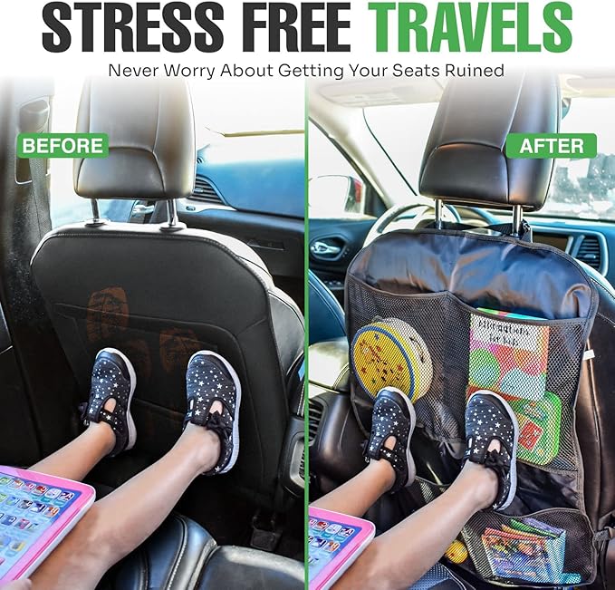 lebogner Back Seat Cover for Kids + 4 Pocket Storage Organizer, 2 Pack X-Large Waterproof Kick Mats Backseat Protector, Car Seat Back Protectors for Vehicles to Protect from Dirt, Mud & Scratches