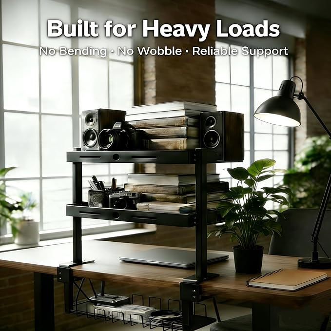 Clamp On Desk Shelves Organizer, Adjustable 2-Tier Desk Storage Rack with Large Trays, Phone Stand & Headphone Hook, No-Drill Setup for Office & Gaming Desks